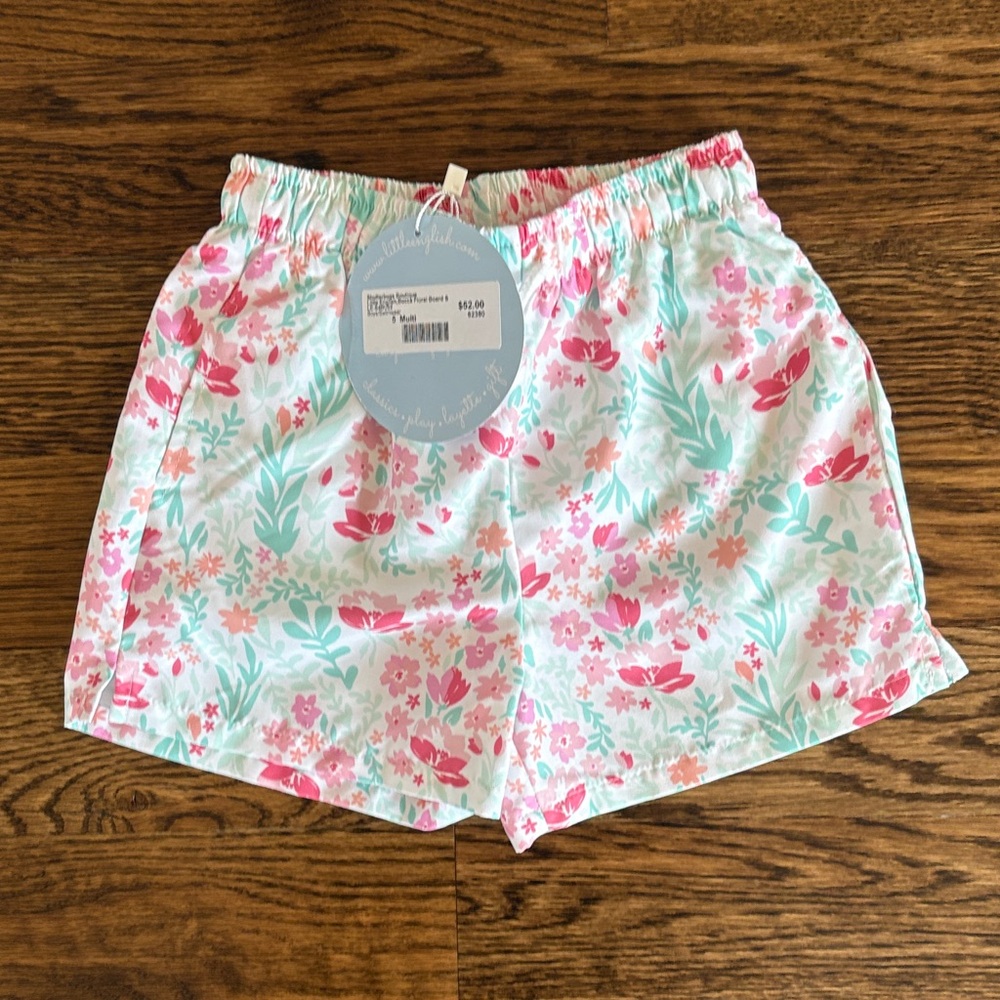 Little English Pink and White Floral Swim Trunks